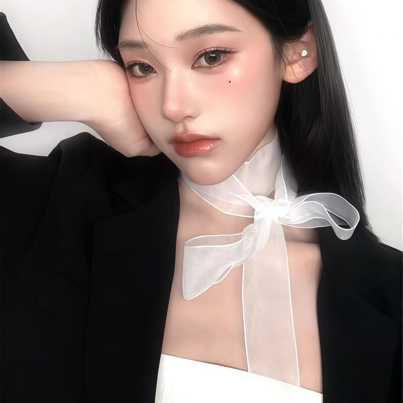 oulaikou气质款韩国珠光细长条款丝巾女欧根纱飘带辣妹窄版围巾