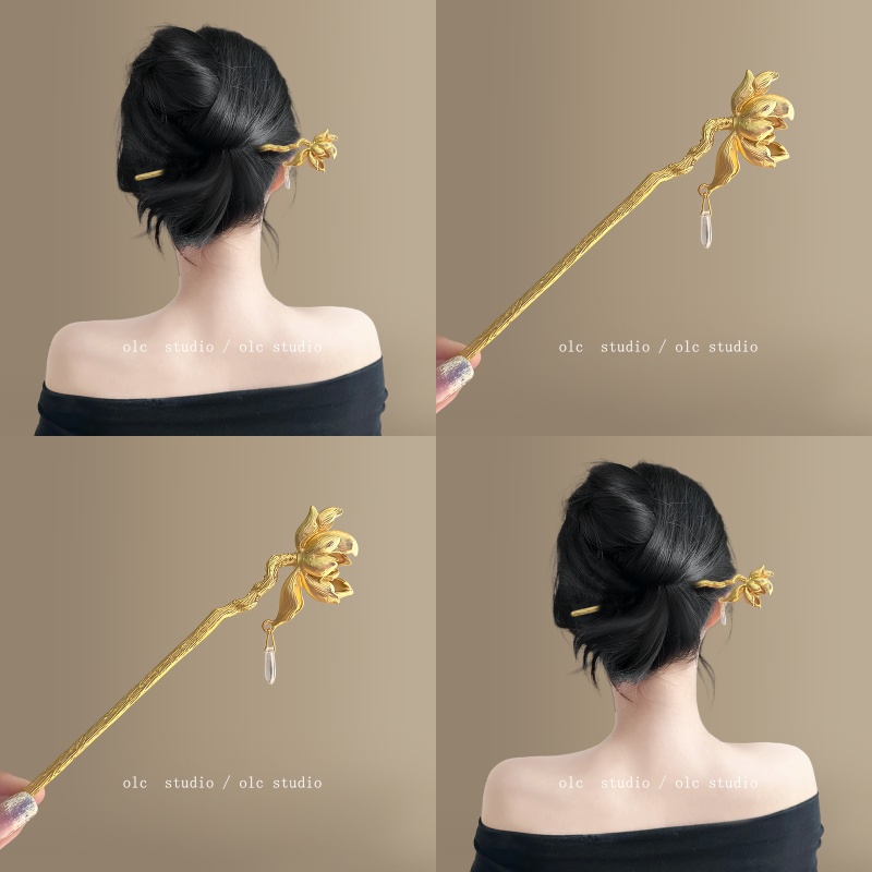 华韵金簪~金色水晶莲花发簪女