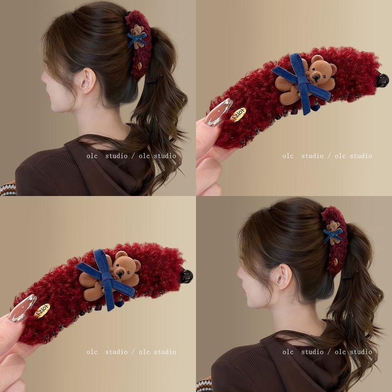 秋冬可爱小熊毛绒高马尾香蕉夹