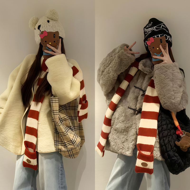 设计感韩系圣诞红白条纹撞色百搭红色针织口袋围巾女冬保暖围脖