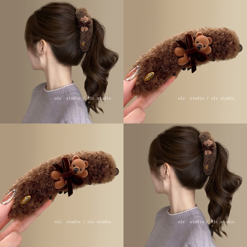 秋冬可爱小熊毛绒高马尾香蕉夹