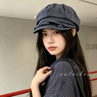 格子碎花边八角帽子女夏秋季街头文艺画家帽韩系显脸小复古报童帽