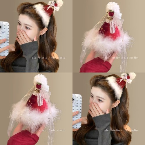 圣诞甜妹~氛围感蕾丝羽毛圣诞帽