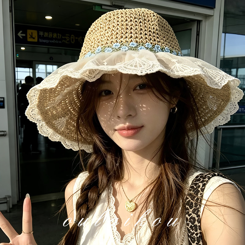 日系蕾丝花边飘带木耳边大檐渔夫帽女夏季透气遮阳针织帽沙滩遮阳