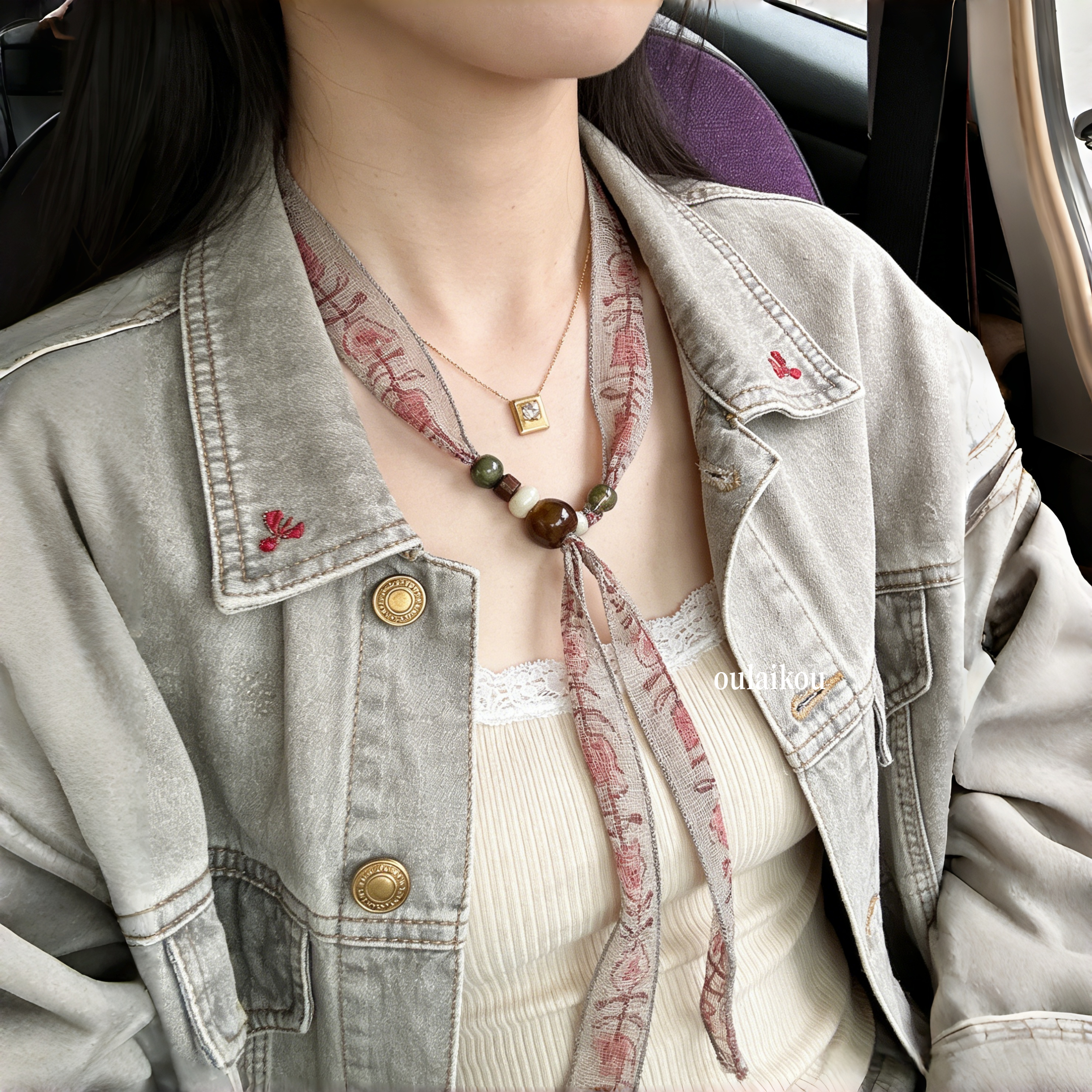 浅春~ 26新中式亚麻小围脖碎花丝带项链女长款丝巾叠戴高级感配饰