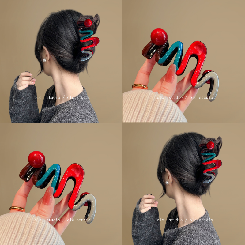 亮色绛红~高级滴釉波浪珍珠抓夹