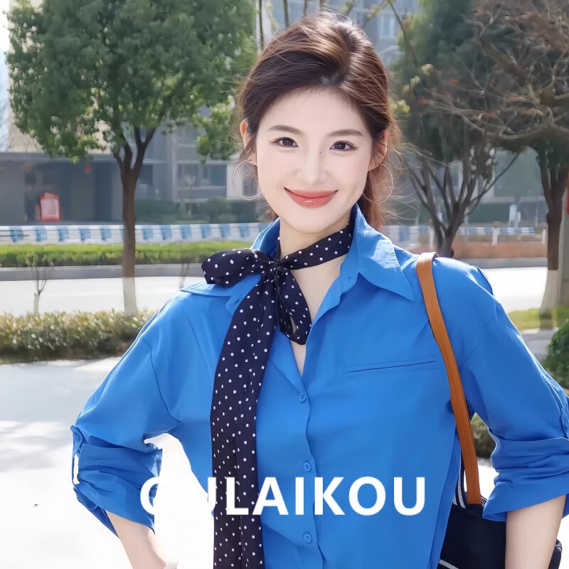 克莱因蓝色波点细长条丝巾春夏气质优雅高级感系脖围巾高级感领巾