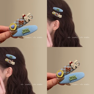 可爱猫咪格纹蝴蝶结发夹女韩系甜美百搭侧边夹浏海碎发夹旅行发饰