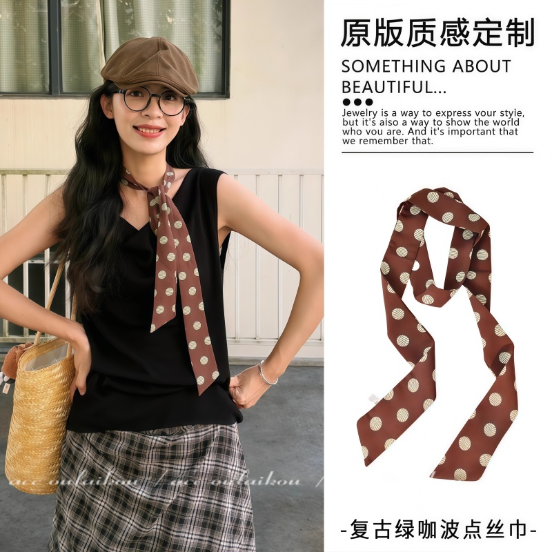 复古棕色波点小长条丝巾秋季新品