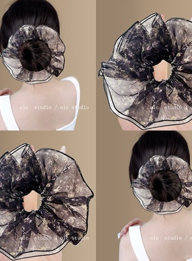 尼罗河畔~仙气黑色碎花欧根纱大肠发圈女高级感韩系气质旅行皮筋