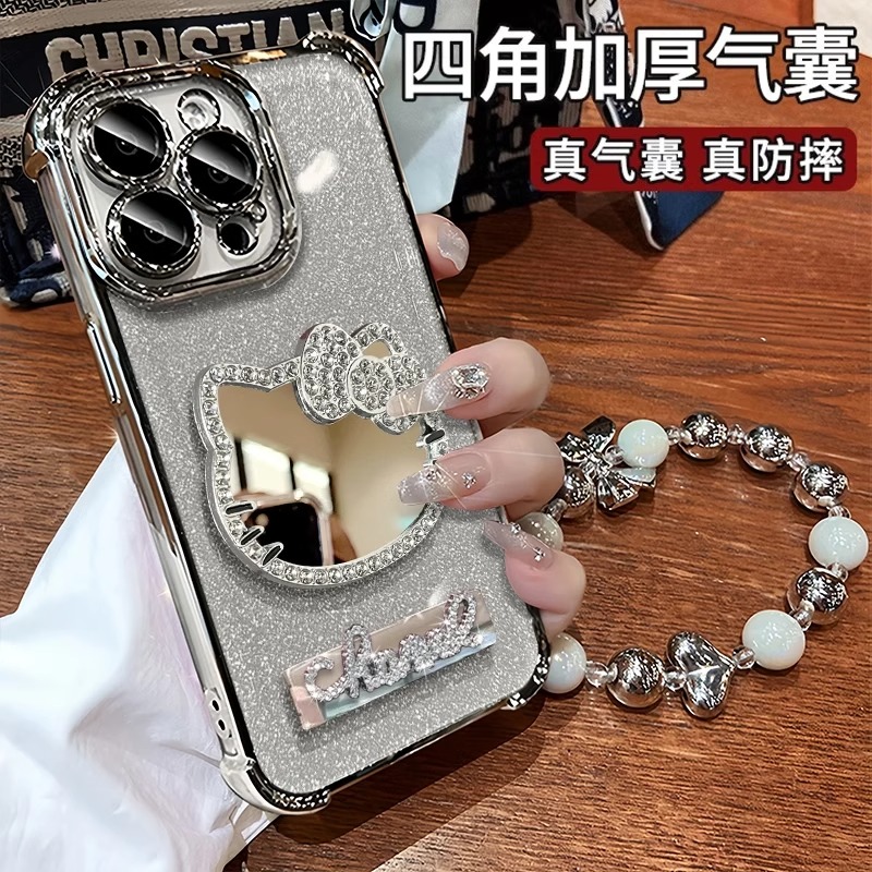 闪钻猫咪镜面适用苹果16promax手机壳新款高级感15带支架链条14电镀四角防摔13全包iphone14pro小众女外壳套