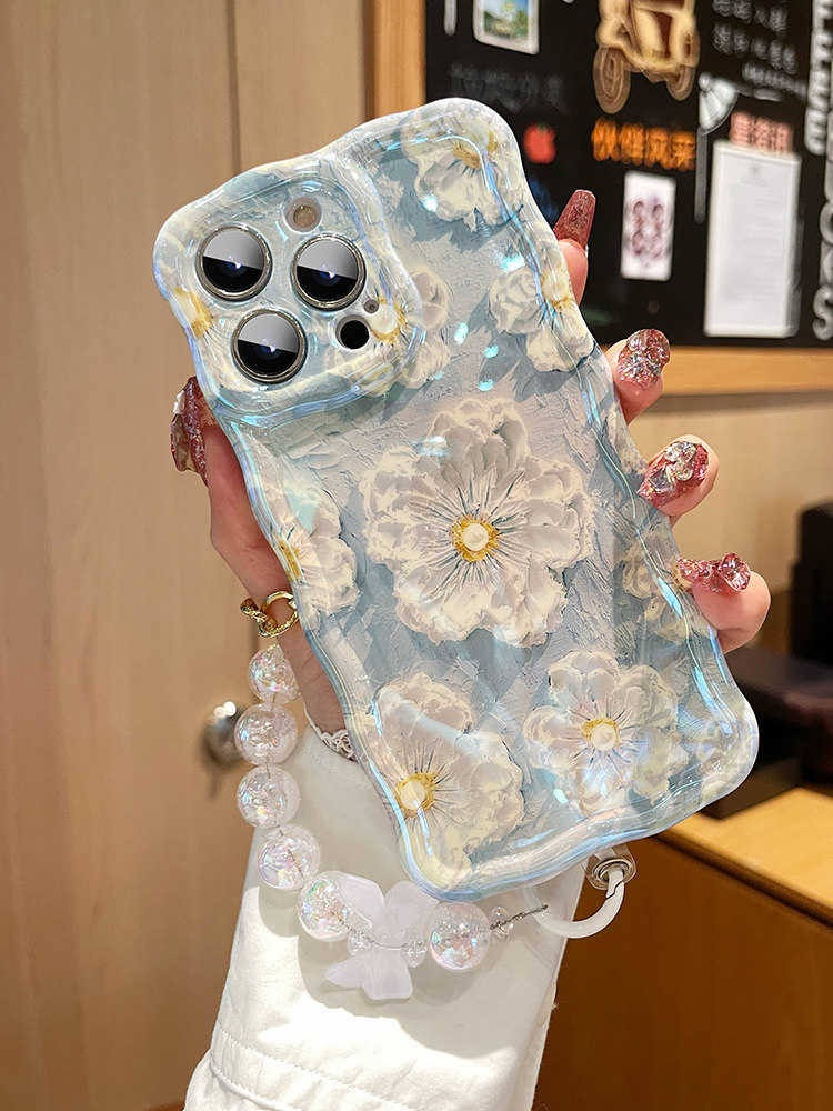 蓝光花朵适用苹果15手机壳iphone14promax带挂绳手腕链13pro高级感14女新款plus小众ins风12全包防摔11硅胶套,3C数码配件,手机保护套/壳,淘宝优惠券,粉丝福利购,淘宝优惠卷