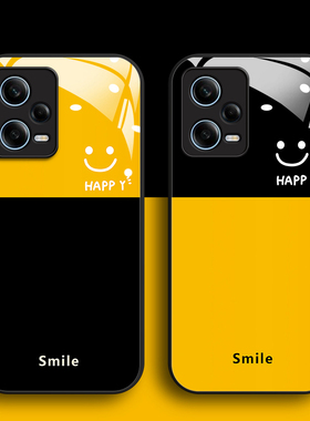 简约笑脸适用于红米note12手机壳note11Pro黑色玻璃男女note10新款Pro个性 全包防摔高级感情侣网红