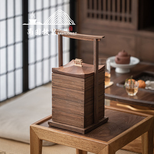 茶室古风茶点盒桌面防尘干果收纳盒胡桃木户外便携多层糕点手提盒