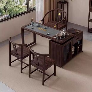 乌金木实木阳台小茶桌椅组合可移动旋转折叠茶台烧水壶一体嵌入式