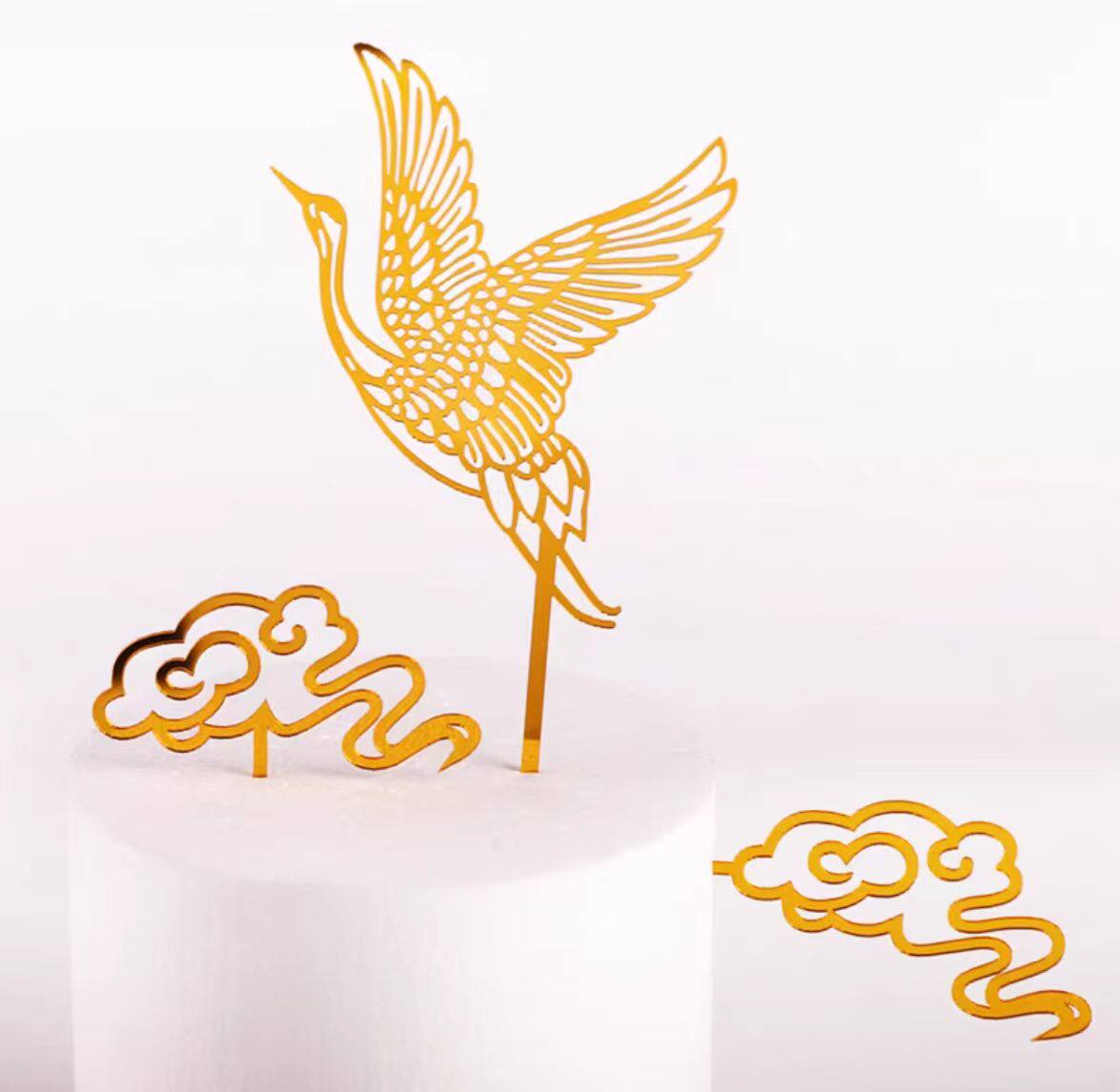 亚克力仙鹤祝寿蛋糕装饰插件爷爷奶奶生日蛋糕装饰配件金色仙鹤C