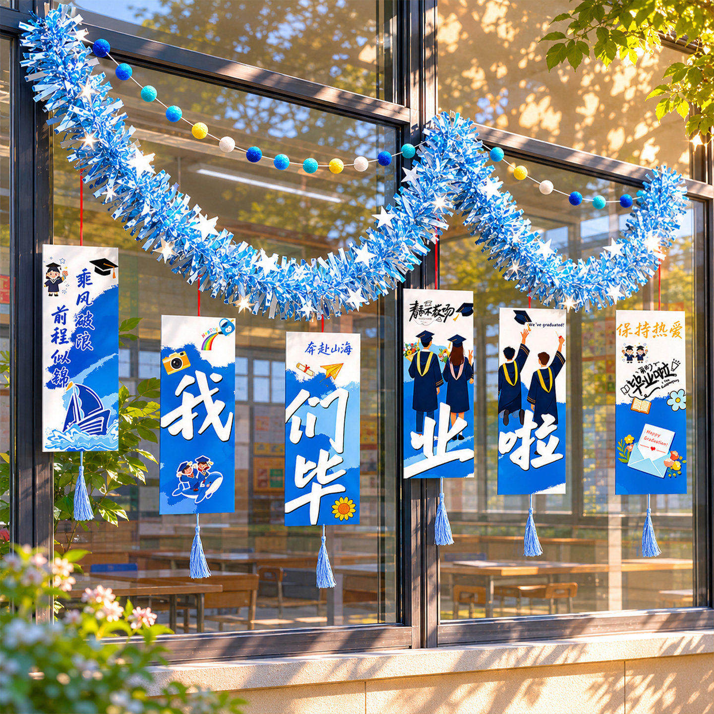 毕业班级布置教室装饰学校初高中窗户小学挂饰吊卡拉旗氛围感场景