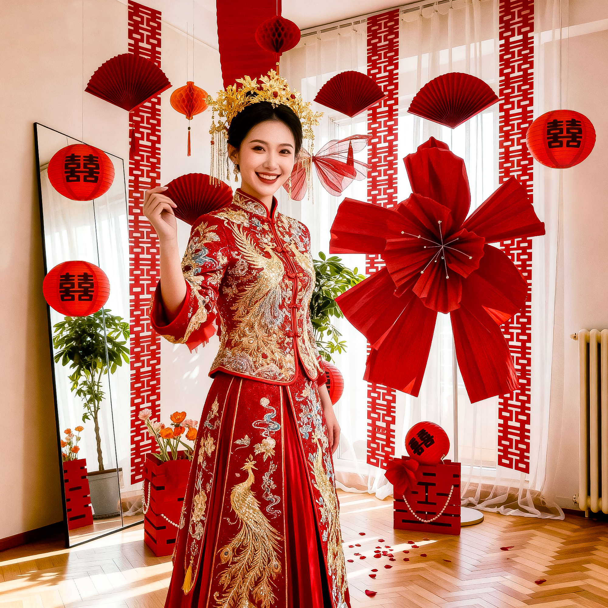 婚房女方布置卧室娘家晨袍拍照墙