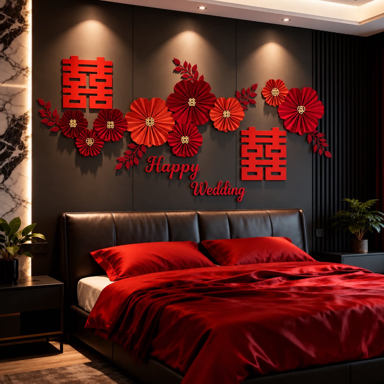 婚房纸花喜字客厅背景墙装饰