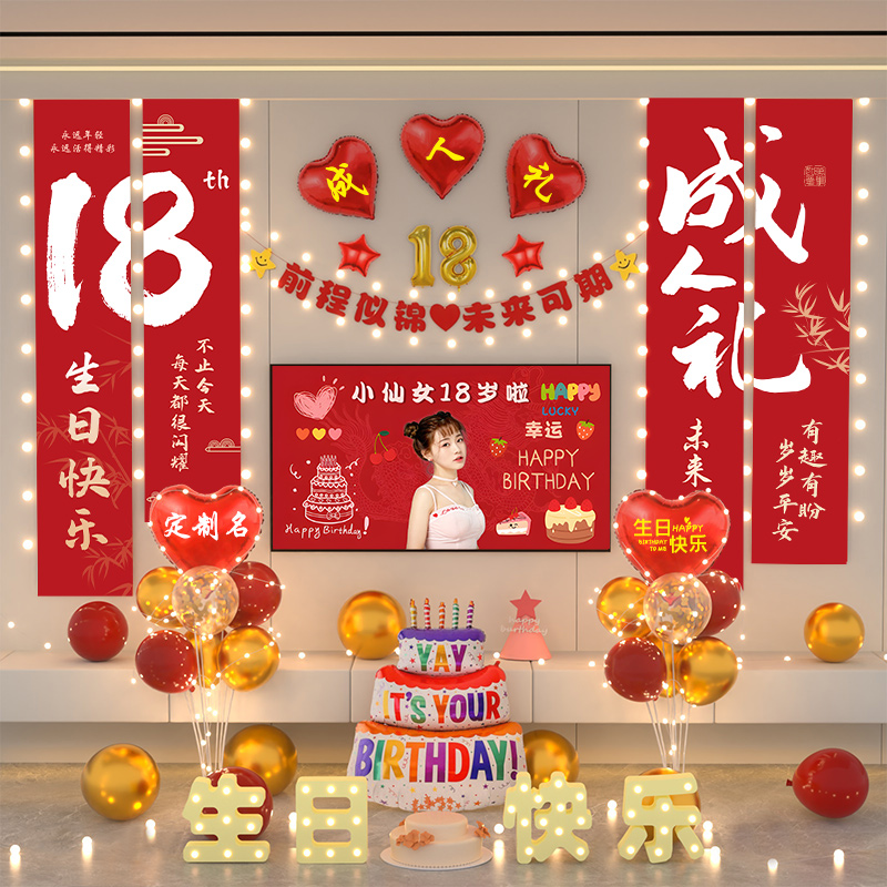 18岁成人礼男女孩生日装饰快乐氛围场景十八背景墙布置气球高级感