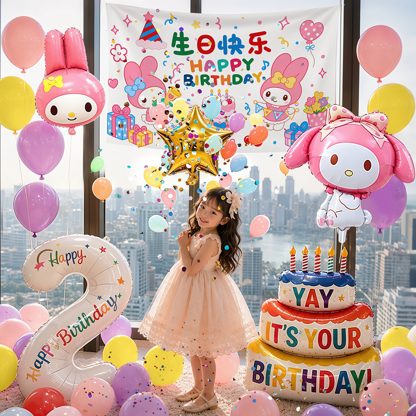 2周岁美乐蒂主题生日网红气球雨拉绳小女孩场景布置装饰儿童派对3