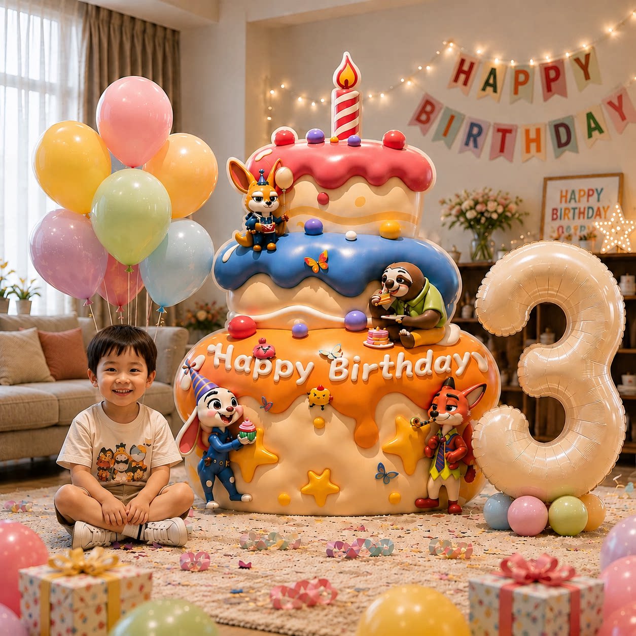 疯狂动物城生日场景布置装饰3岁男孩快乐仪式感女孩氛围道具KT板