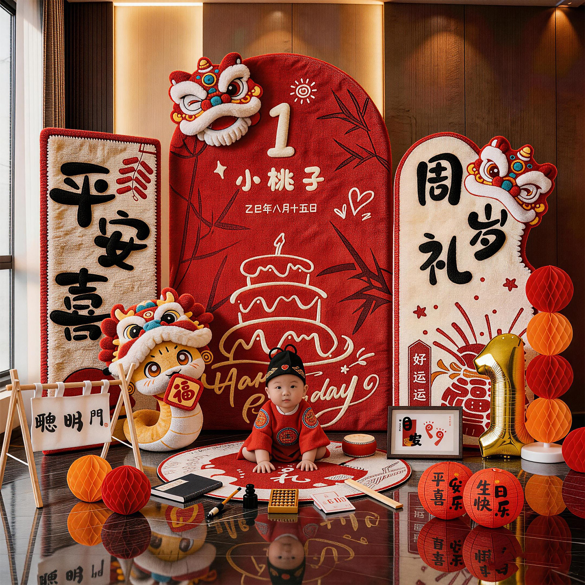 蛇宝宝周岁宴生日场景布置新中式拍照道具抓周仪式氛围感KT板定制
