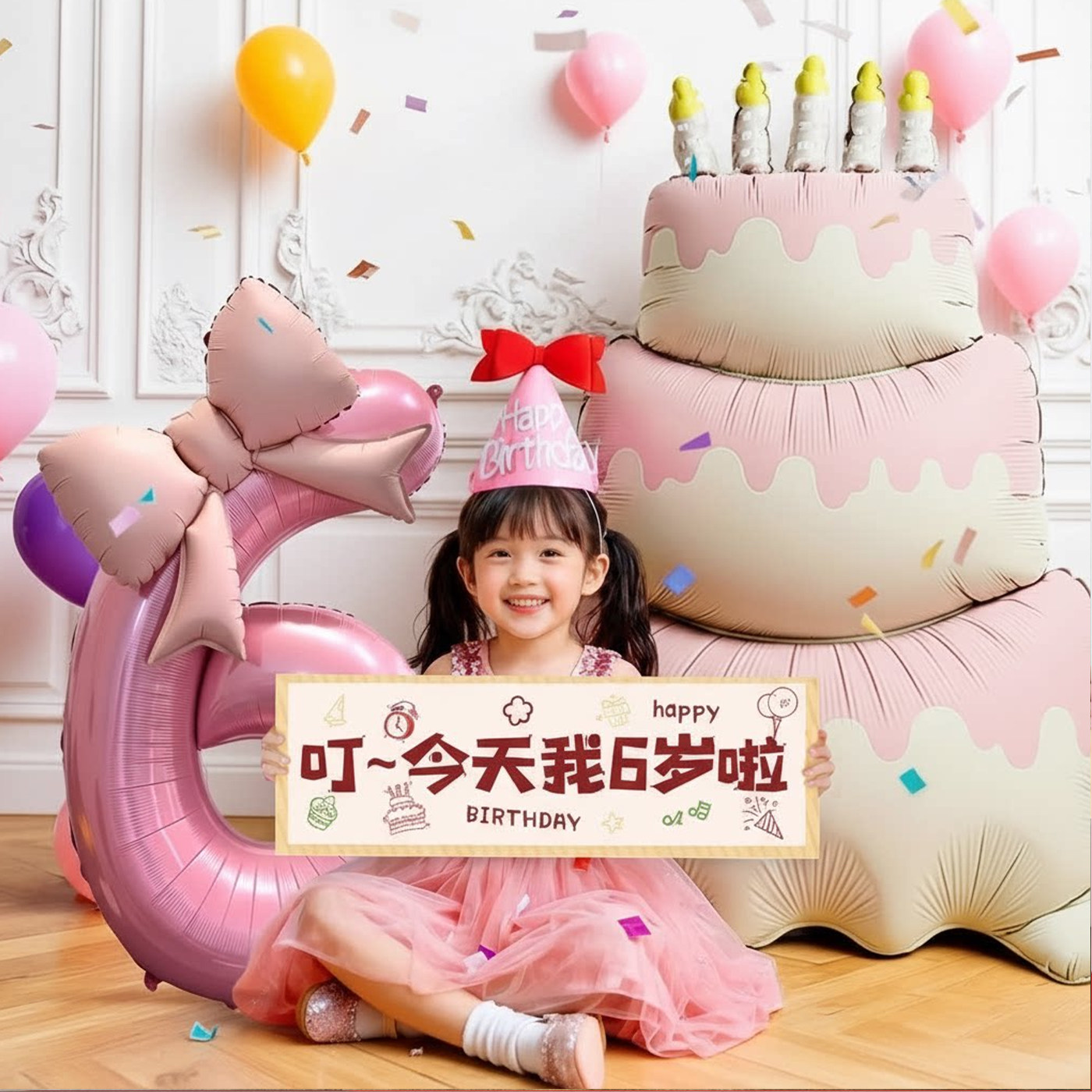 6岁生日快乐仪式感小女孩布置装饰派对超大蛋糕数字气球拍照道具5