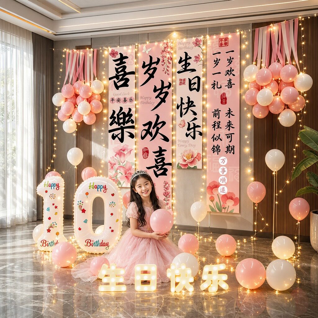 儿童宝宝10岁生日快乐仪式感女孩气球背景布氛围场景装饰布置十岁