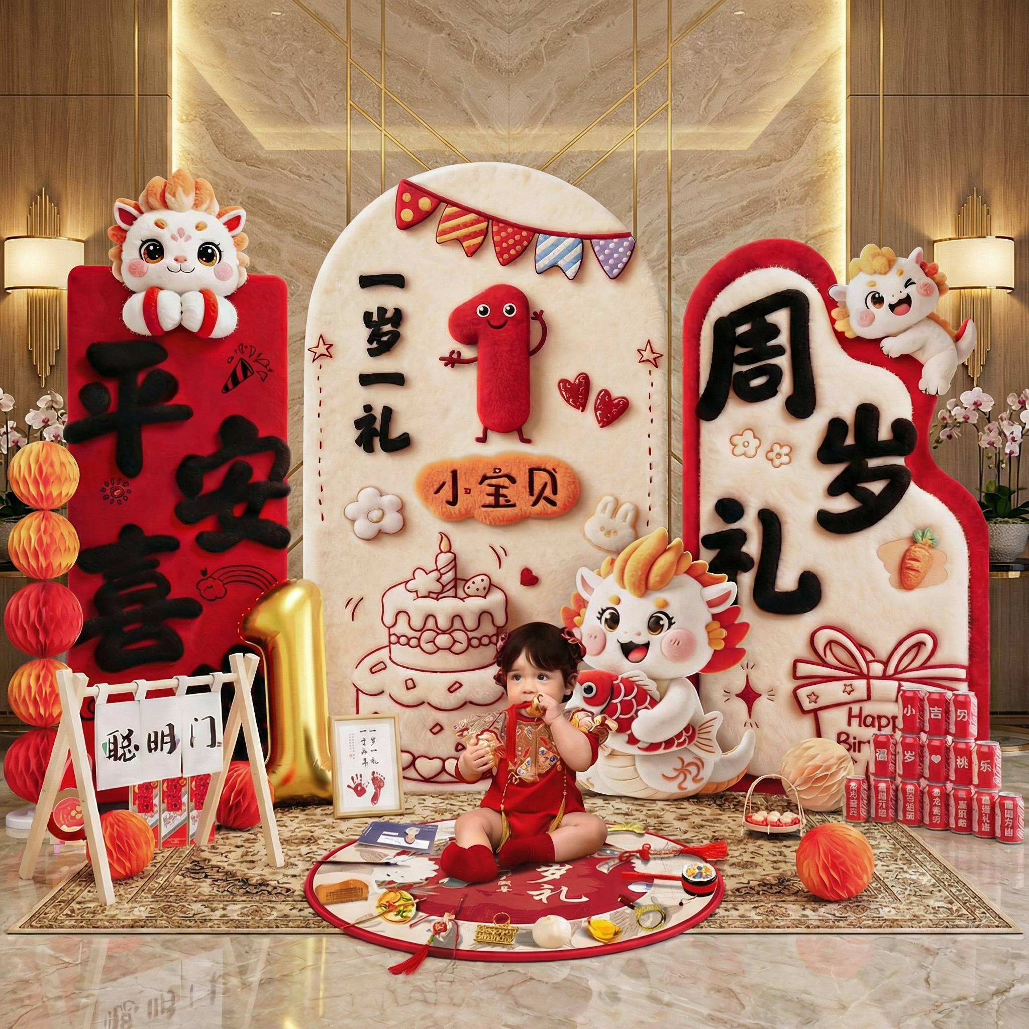 一周岁生日布置装饰女宝宝男孩中式抓周宴背景墙KT板拍照道具仪式,节庆用品/礼品,气球,淘宝优惠券,粉丝福利购,淘宝优惠卷