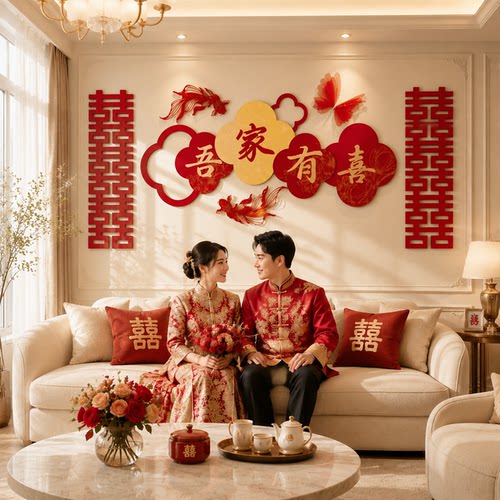 新中式喜字婚房客厅背景墙贴装饰
