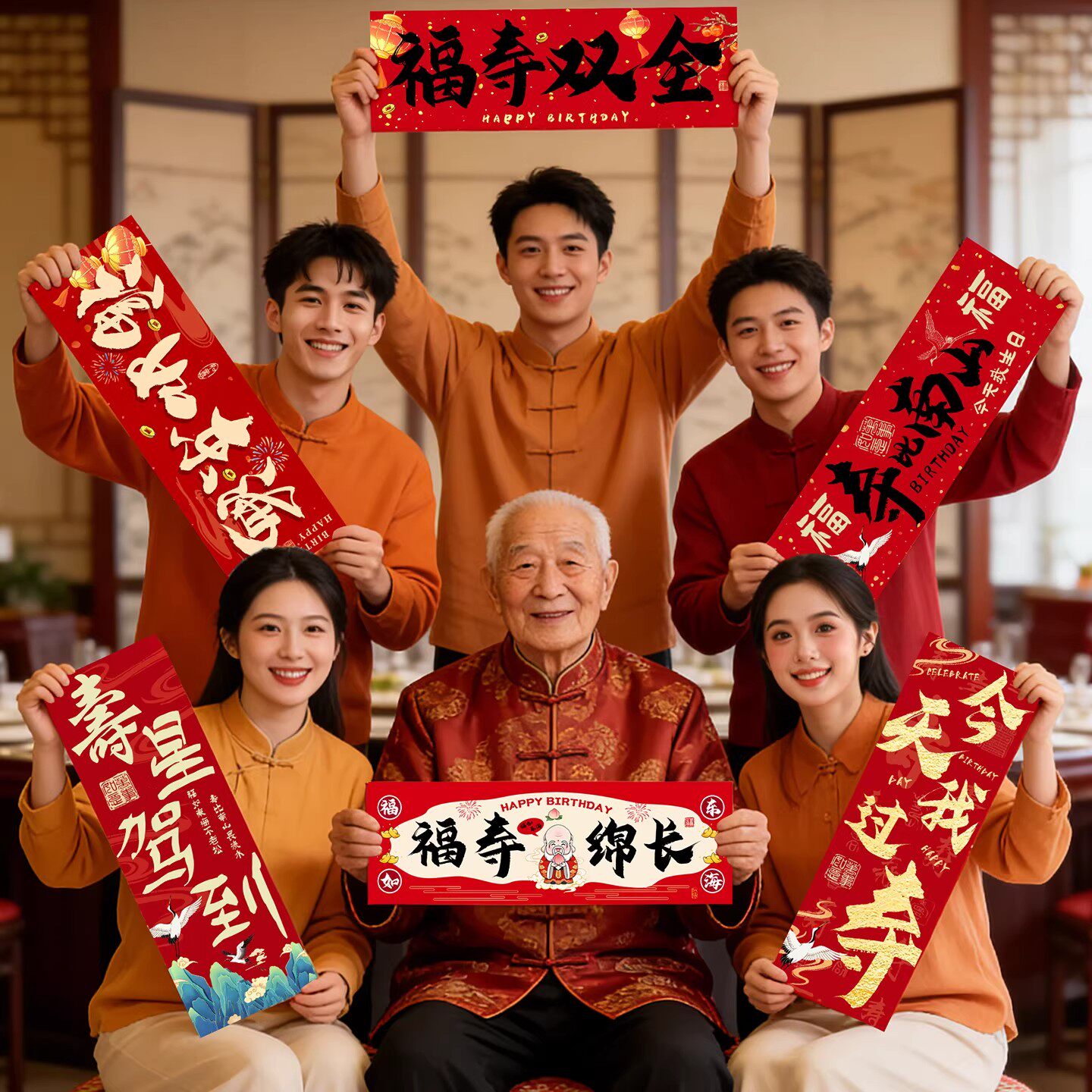 老人寿宴场景布置爸爸妈妈60岁生日装饰80祝寿手持小横幅拍照道具