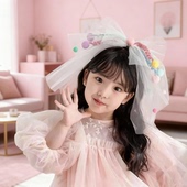 ins风生日头饰甜美可爱儿童扭扭发夹公主纱网宝宝彩色毛球生日帽