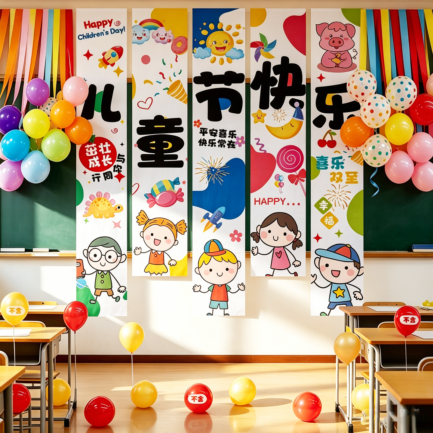 六一儿童节小学幼儿园教室班级黑板61氛围布置装饰挂布气球背景墙