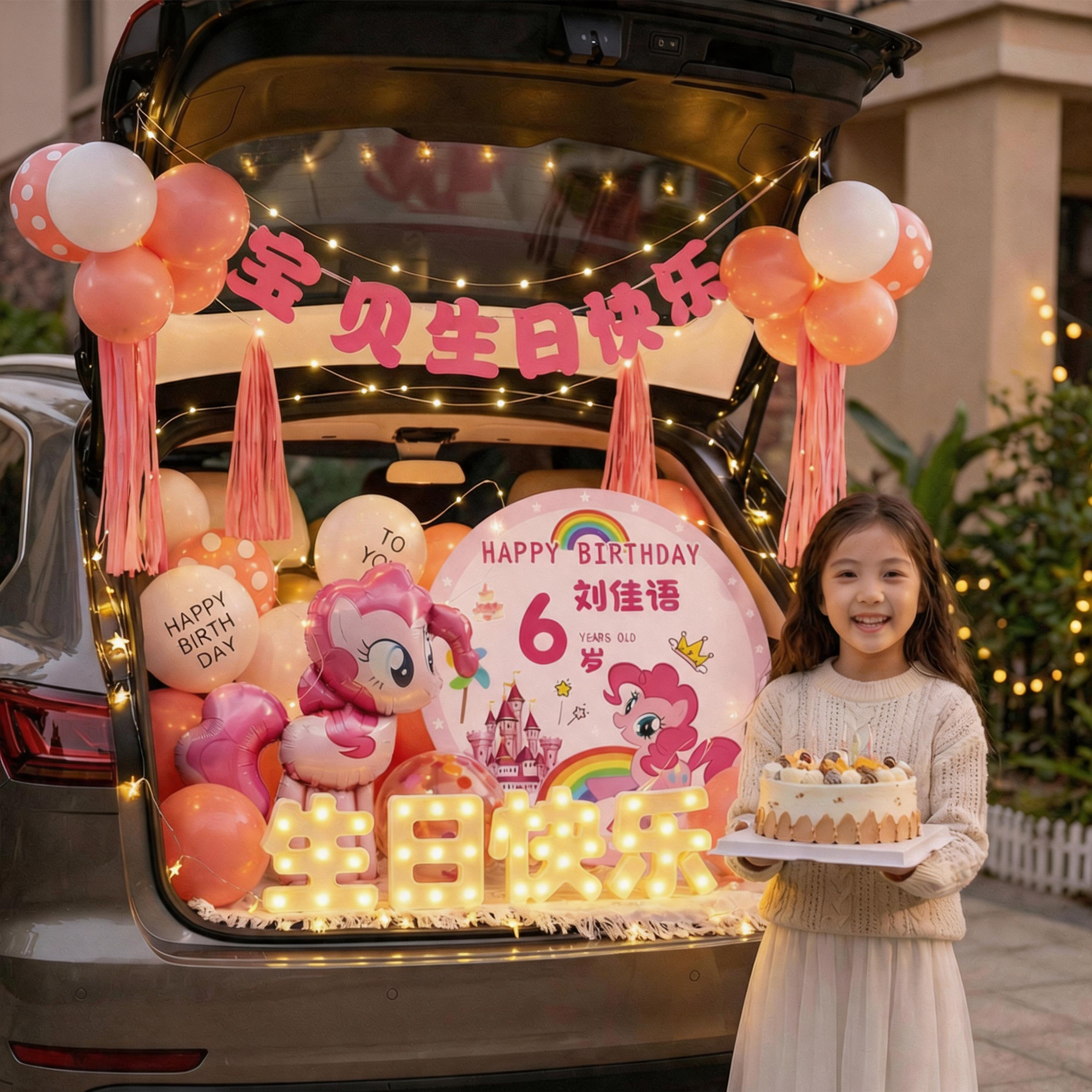 后备箱生日女孩惊喜布置女儿仪式感儿童汽车场景小马宝莉气球装饰