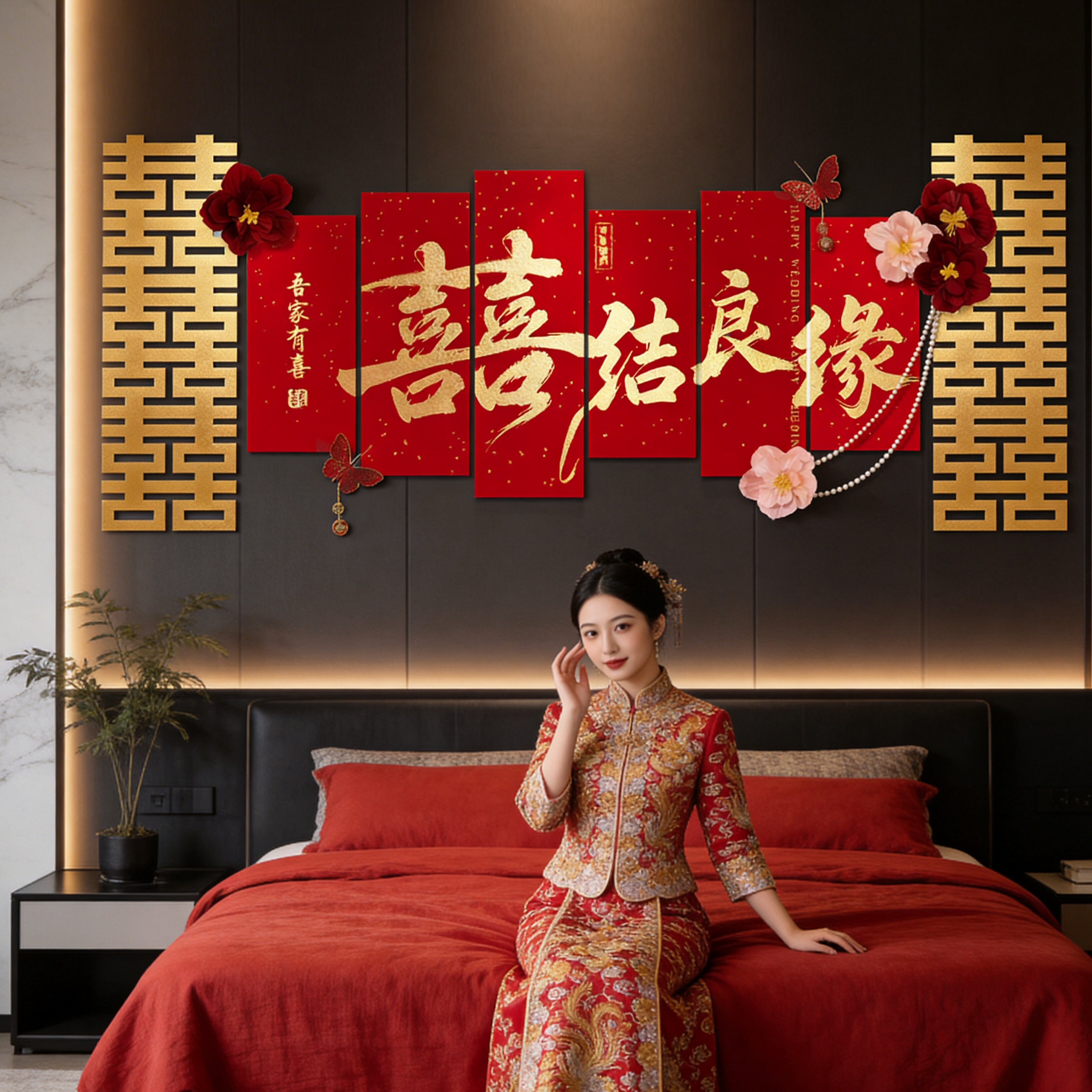 婚房布置女方卧室床头结婚装饰男方新房沙发背景墙贴简单大气kt板
