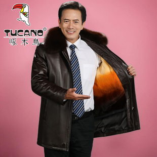 中老年爸爸装 海宁皮衣男加厚保暖中长款 皮大衣外套 新款 啄木鸟冬季