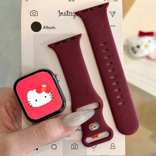 满屏酒红猫咪适用iwatchs11/10苹果手表表带SE硅胶Applewatchs9/8