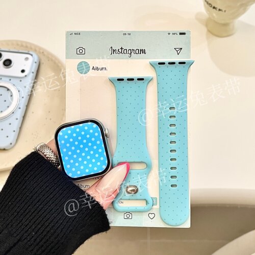 奶蓝小波点适用iwatchs11/10苹果手表表带SE硅胶Applewatchs9/8/7