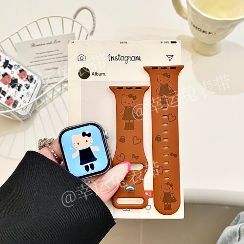 棕色长腿猫咪条适用iwatchs11/10苹果手表表带硅胶Applewatchs9/8
