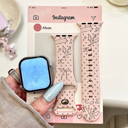 女款天使音符适用iwatchs12/11/10苹果硅胶SE表带Applewatch9/8/7