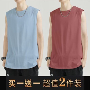 买一送一男士背心纯棉紧身内穿打底运动跨栏夏季白色无袖汗衫男式