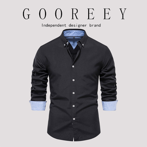 GooReey秋季2024新款修身衬衫男士休闲百搭时尚纯色长袖上衣男装