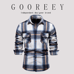 GooReey漫威2024秋新款轻商务男士口袋职业衬衣经典格子长袖衬衫