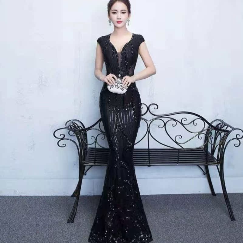黑色晚礼服女2019名媛宴会高贵优雅鱼尾新款性感主持亮片修身长款在类目 女装/女士精品, 婚纱/旗袍/礼服, 礼服/晚装中 - 来自Buy2taobao.com提供专业的淘宝代购服务