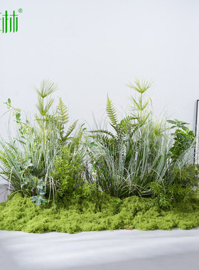 模拟绿色植物造景，芦苇，假草，苔藓植物装饰组合，窗户室内，高