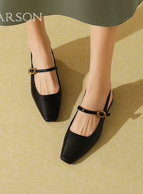 哈森包头凉鞋女春夏新款复古文艺棕色粗跟玛丽珍鞋HWM240120