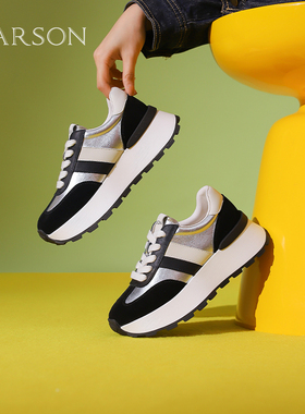 现货断码清仓哈森奥莱专柜正品撞色时尚运动休闲鞋女HWC240105