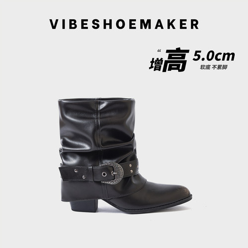 复古真皮尖头粗跟堆堆骑士短靴