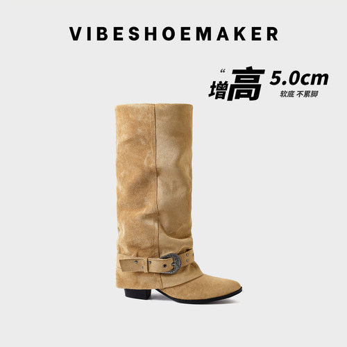 复古真皮尖头高筒西部靴女新款